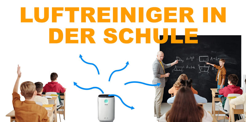 Ein Luftreiniger steht in einem Klassenzimmer in der Schule un dreinigt die Luft